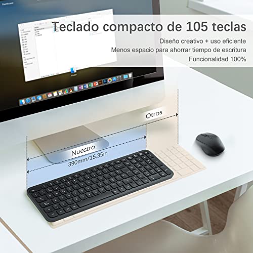 Pack Teclado y Ratón Inalámbricos Compacto, TopMate Kit Teclado y Mouse Español 2.4G USB Ultradelgado Silencioso con Cubierta y Botón de calculadora, Baterías 2 AAA y 1AA, para PC/Portatil/Windows/Mac