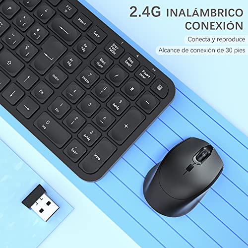 Pack Teclado y Ratón Inalámbricos Compacto, TopMate Kit Teclado y Mouse Español 2.4G USB Ultradelgado Silencioso con Cubierta y Botón de calculadora, Baterías 2 AAA y 1AA, para PC/Portatil/Windows/Mac