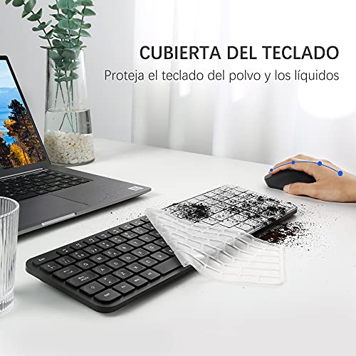 Pack Teclado y Ratón Inalámbricos Compacto, TopMate Kit Teclado y Mouse Español 2.4G USB Ultradelgado Silencioso con Cubierta y Botón de calculadora, Baterías 2 AAA y 1AA, para PC/Portatil/Windows/Mac