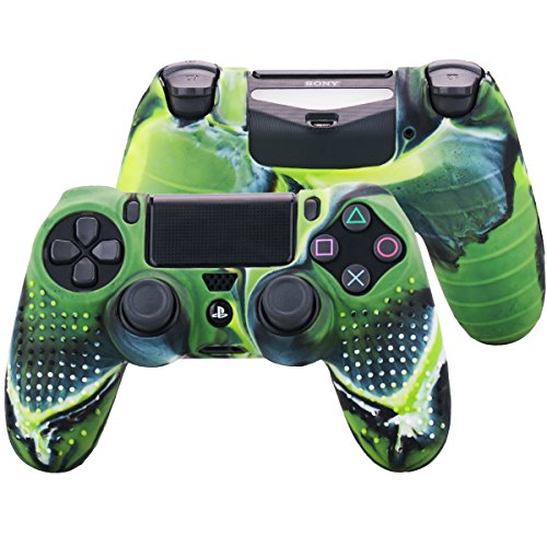 Pandaren® TACHONADO de silicona Fundas protectores de piel antideslizante para el PS4 Mando x 1 (camuflaje verde) + FPS PRO thumb grip x 8