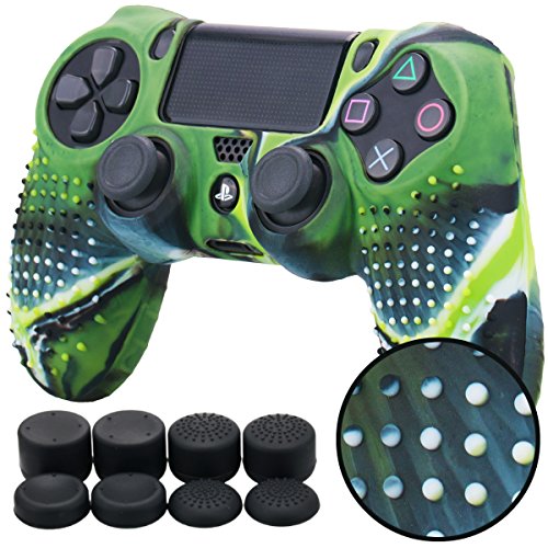 Pandaren® TACHONADO de silicona Fundas protectores de piel antideslizante para el PS4 Mando x 1 (camuflaje verde) + FPS PRO thumb grip x 8