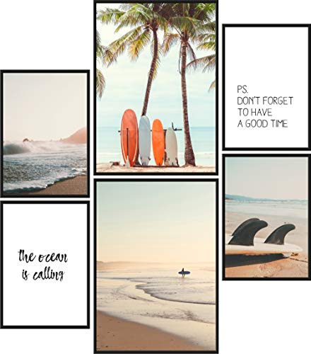 Papierschmiede® Mood-Poster Set Surfers Holiday | Cuadros como decoración de paredes | Living y dormitorio | 2x A3 y 4x A4 | Olas Mar Playa Palmeras - sin marco