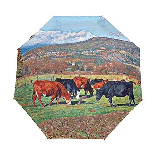 Paraguas, Pintura de vacas de granja Paraguas de viaje compacto a prueba de viento ligero con protección UV para hombre y mujer