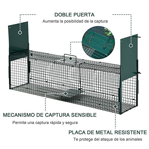 Pawhut Trampa con 2 Puertas para Animales Vivos Jaula de Captura Metálica con Asa para Conejos Visones Zorros Pequeños 100x25x28 cm Verde Oscuro