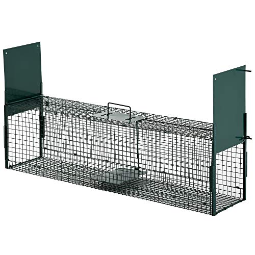 Pawhut Trampa con 2 Puertas para Animales Vivos Jaula de Captura Metálica con Asa para Conejos Visones Zorros Pequeños 100x25x28 cm Verde Oscuro