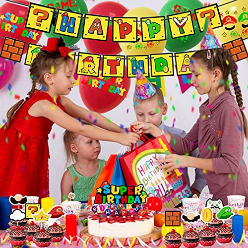 PAWT Mario Cumpleaños Party Decoracion, Video Game Party Balloons, Cumpleaños Pancartas Decoración para Fiestas Adorno de Torta para Niños Ducha de Bebé Fiesta de Cumpleaños(32 Pieza)