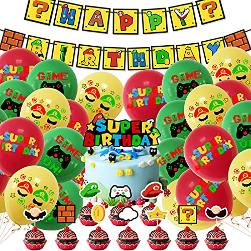 PAWT Mario Cumpleaños Party Decoracion, Video Game Party Balloons, Cumpleaños Pancartas Decoración para Fiestas Adorno de Torta para Niños Ducha de Bebé Fiesta de Cumpleaños(32 Pieza)