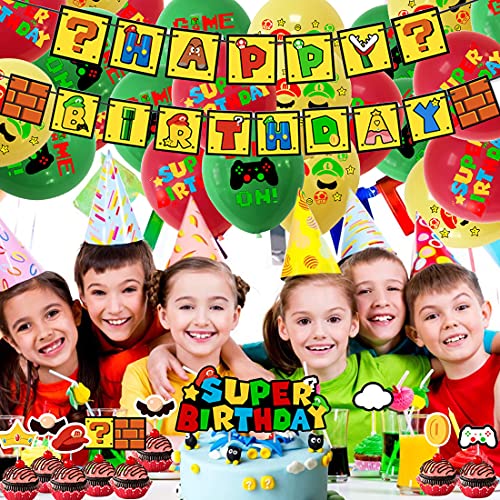 PAWT Mario Cumpleaños Party Decoracion, Video Game Party Balloons, Cumpleaños Pancartas Decoración para Fiestas Adorno de Torta para Niños Ducha de Bebé Fiesta de Cumpleaños(32 Pieza)