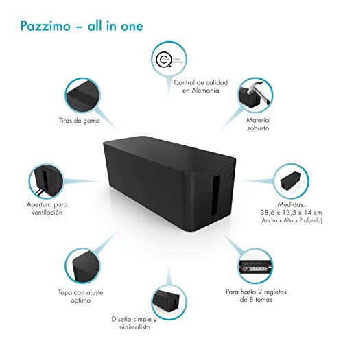 PAZZiMO Caja organizadora cables grande y negra, pasacables protector y seguro, recoge cables de forma inteligente, ordenar cables con la mejor calidad y durabilidad