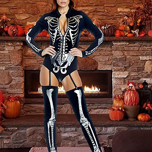 pegtopone Traje de esqueleto para mujer de Halloween con estampado de cabeza de muerte, vestido de noche, sexi y uniforme de Zombia Cosplay