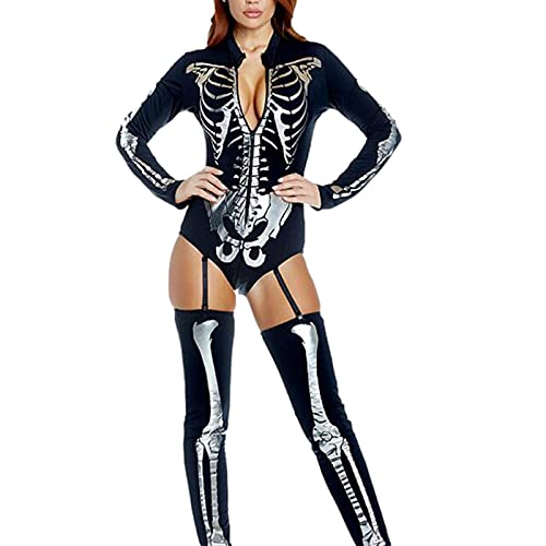 pegtopone Traje de esqueleto para mujer de Halloween con estampado de cabeza de muerte, vestido de noche, sexi y uniforme de Zombia Cosplay