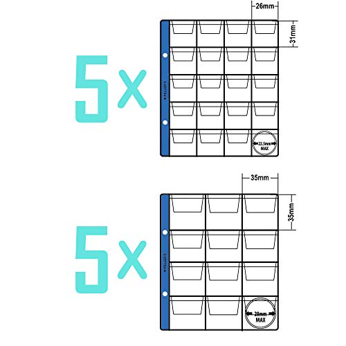 PELLER'S Álbum de Monedas para 160 Monedas (Tipo S Álbum). 5+5 Hojas con 160 Compartimentos 35mm X 35mm y 31mm X 26mm, pour €1, €2, Euro.