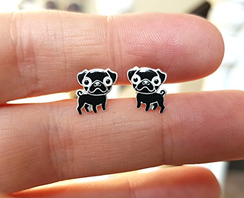 Pendientes de plata de ley con forma de perro Pug, color negro