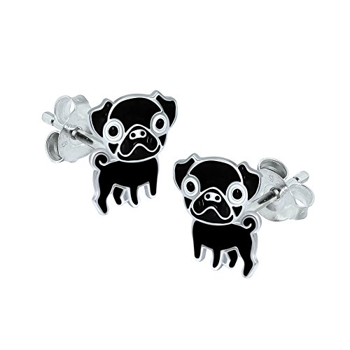 Pendientes de plata de ley con forma de perro Pug, color negro