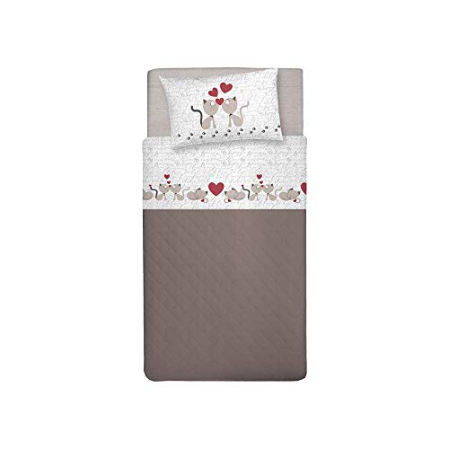 PENSIERI DELICATI Juego de Cama Individual MAX 100% algodón,120x200 Que Incluye sábana Bajera Debajo, sábana Bajera Encima de eso y 1 Funda de Almohada, Made in Italy, Gatitos Beige