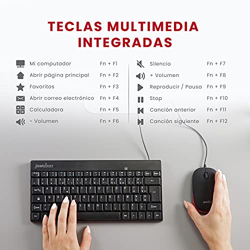 Perixx PERIDUO-212 Set de Teclado y Ratón pequeños, con Cable, 12 Teclas Multimedia, Negro, Configuración en Español