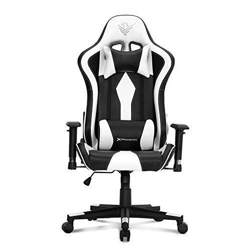 Phoenix Technologies Silla Gaming Escritorio Oficina Ordenador, Asiento Giratorio Ergonómico PU con Cojín Lumbar, Reposabrazos 2D, Pistón Clase 4 hasta 150 Kg (White)