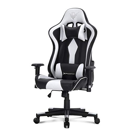 Phoenix Technologies Silla Gaming Escritorio Oficina Ordenador, Asiento Giratorio Ergonómico PU con Cojín Lumbar, Reposabrazos 2D, Pistón Clase 4 hasta 150 Kg (White)