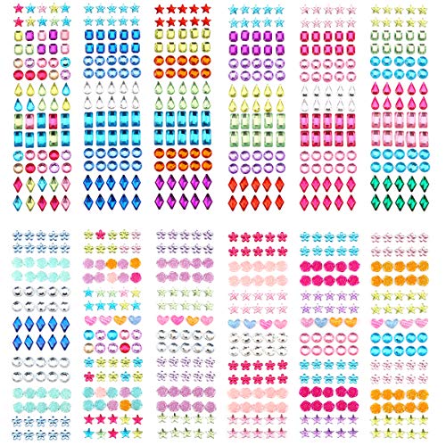 Phogary 870pcs 12 hojas autoadhesivas Rhinestone Sticker, Multicolor Bling Craft Jewels Crystal Gem Stickers