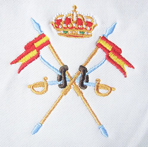 Pi2010 – Polo Caballería Española para Hombre, Color Blanco, Bandera España en Cuello y Mangas, 100% algodón, Talla L