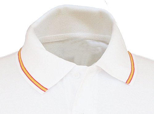 Pi2010 – Polo Caballería Española para Hombre, Color Blanco, Bandera España en Cuello y Mangas, 100% algodón, Talla L