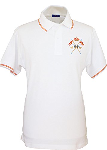 Pi2010 – Polo Caballería Española para Hombre, Color Blanco, Bandera España en Cuello y Mangas, 100% algodón, Talla L