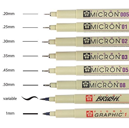 Pigma Micron tutto nero 8 pennini 005,01,02,03,05,08,1mm Brush