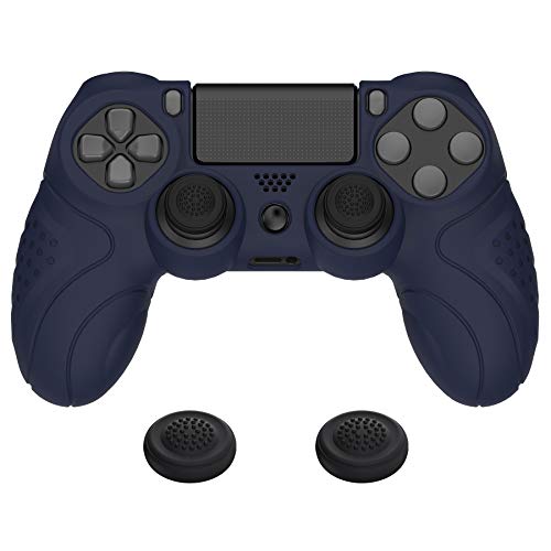 PlayVital Funda de Silicona para PS4 Protector de Piel Carcasa Blanda Antideslizante con 2 Tapas de Joystick para Playstation 4 Funda de Goma para Dualshock 4 Control(Edición Guardian-Oscuro Azul)