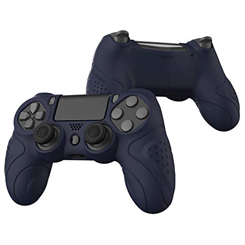 PlayVital Funda de Silicona para PS4 Protector de Piel Carcasa Blanda Antideslizante con 2 Tapas de Joystick para Playstation 4 Funda de Goma para Dualshock 4 Control(Edición Guardian-Oscuro Azul)