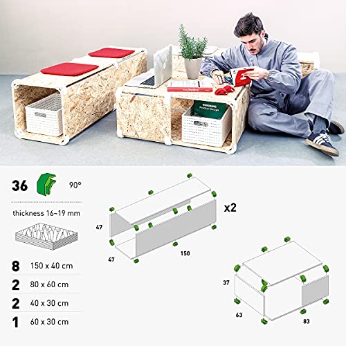 PlayWood, Kit de 24 conectores ángulo 90°, abrazaderas de fijación variable, sólidas, duraderas y reutilizables. Ideal para el bricolaje, creando estanterías modulares en madera. Color Negro