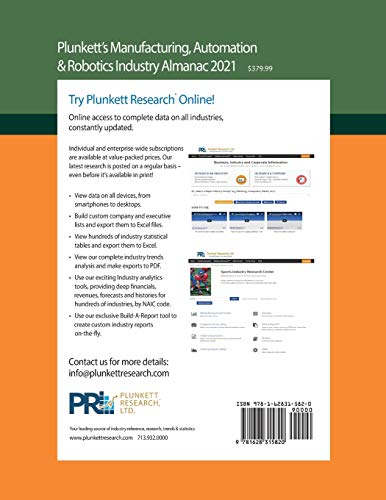 Plunkett's Manufacturing, Automation & Robotics Industry Almanac 2021: Manufacturing, Automation & Robotics Industry Market Research, Statistics, Trends and Leading Companies