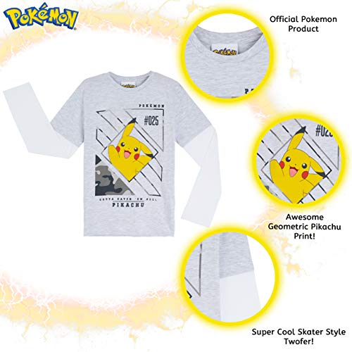 Pokemon Camiseta Niño, Camisetas de Manga Larga Gris y Negra, con Pikachu Bulbasaur Charmander y Squirtle, Regalos para Niños y Adolescentes 3-13 Años (13-14 años, Gris)