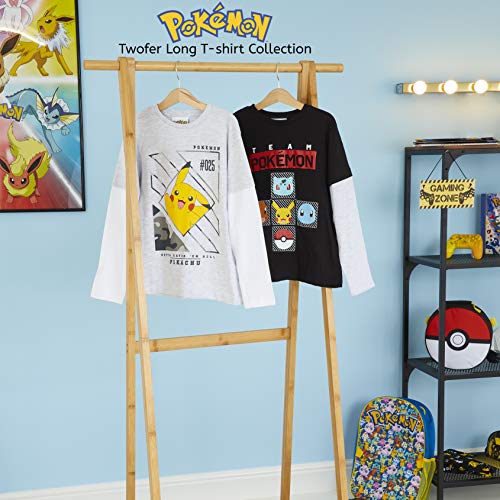 Pokemon Camiseta Niño, Camisetas de Manga Larga Gris y Negra, con Pikachu Bulbasaur Charmander y Squirtle, Regalos para Niños y Adolescentes 3-13 Años (13-14 años, Gris)