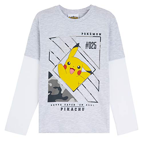 Pokemon Camiseta Niño, Camisetas de Manga Larga Gris y Negra, con Pikachu Bulbasaur Charmander y Squirtle, Regalos para Niños y Adolescentes 3-13 Años (13-14 años, Gris)