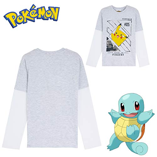 Pokemon Camiseta Niño, Camisetas de Manga Larga Gris y Negra, con Pikachu Bulbasaur Charmander y Squirtle, Regalos para Niños y Adolescentes 3-13 Años (13-14 años, Gris)