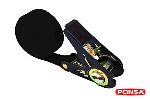 PONSA. Cinta trincaje con tensor -Ratchet - NEGRO. Carraca - para cargas semi pesadas. Longitud 5m. Resistencia rotura real 2.000 kg (en forma de aro). 027135025501