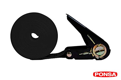 PONSA. Cinta trincaje con tensor -Ratchet - NEGRO. Carraca - para cargas semi pesadas. Longitud 5m. Resistencia rotura real 2.000 kg (en forma de aro). 027135025501