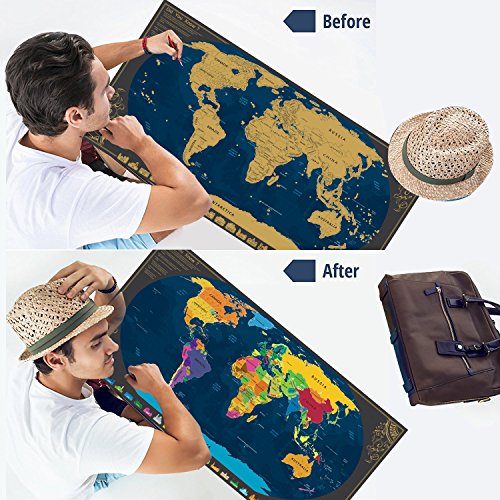 Pootack Mapa Mural para Rascar del Mundo 840*420mm, Perfecto para los Viajeros/Exploradores/Coleccionistas, Mapa Europa Rascar con Pegatinas Herramienta de Rayado, Regalos Cumpleaños Navidad Oro/Azul