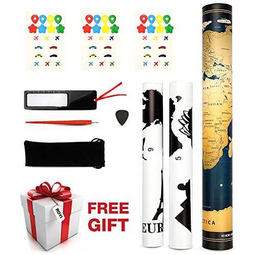 Pootack Mapa Mural para Rascar del Mundo 840*420mm, Perfecto para los Viajeros/Exploradores/Coleccionistas, Mapa Europa Rascar con Pegatinas Herramienta de Rayado, Regalos Cumpleaños Navidad Oro/Azul