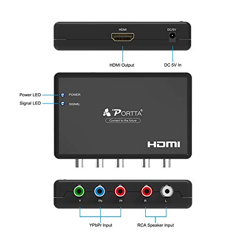 Portta Componente a HDMI Convertidor YPbPr RGB + R/L a HDMI Converter Adaptador con Audio 1: 1 Transmisión Soporte HD 1080P para PS2 PS3 STB Xbox360 DVD HDTV Proyector Monitor