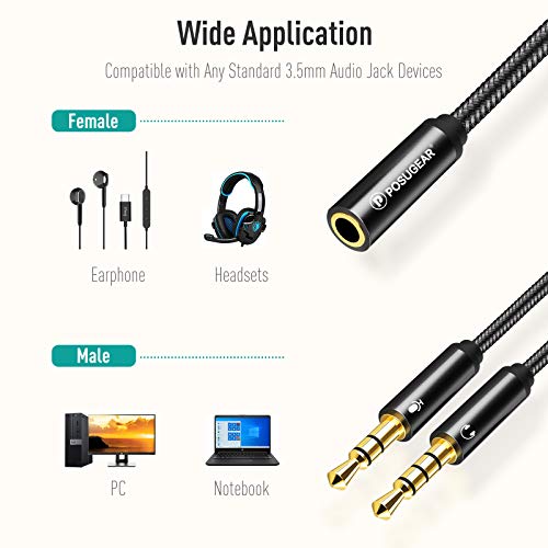 POSUGEAR Adaptador de Conector para Auriculares, micrófono, Divisor de Conector Hembra de 3,5 mm a 2 adaptadores de Auriculares Trenzados de Nailon Macho de 3,5 mm Dobles para Xbox One, PS4, PC,…