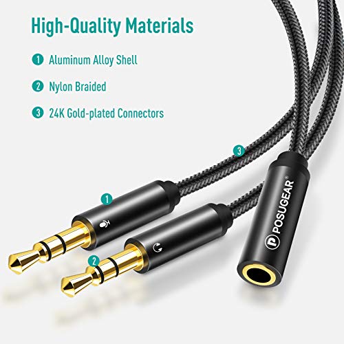 POSUGEAR Adaptador de Conector para Auriculares, micrófono, Divisor de Conector Hembra de 3,5 mm a 2 adaptadores de Auriculares Trenzados de Nailon Macho de 3,5 mm Dobles para Xbox One, PS4, PC,…