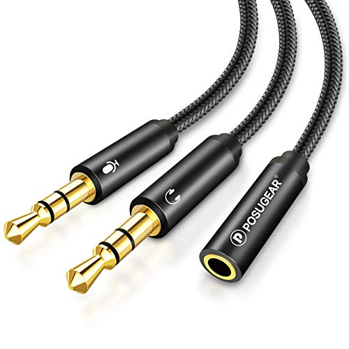 POSUGEAR Adaptador de Conector para Auriculares, micrófono, Divisor de Conector Hembra de 3,5 mm a 2 adaptadores de Auriculares Trenzados de Nailon Macho de 3,5 mm Dobles para Xbox One, PS4, PC,…