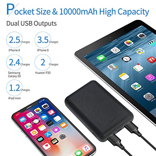 POSUGEAR PowerBank 10000mAh, Bateria Externa Movil, Cargador Portatil Mini, con 2 USB Salidas 5V (2.1A + 1A), Compatible con iPhone, Samsung, Huawei, iPad, etc. (Negro)