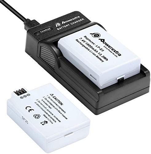 Powerextra Batería de Repuesto Canon LP-E5 7.4V 1800mAh Reemplazo Batería y Cargador para Canon EOS Rebel XS Rebel T1i Rebel XSi 1000D 500D 450D Kiss X3 Kiss X2 Kiss F