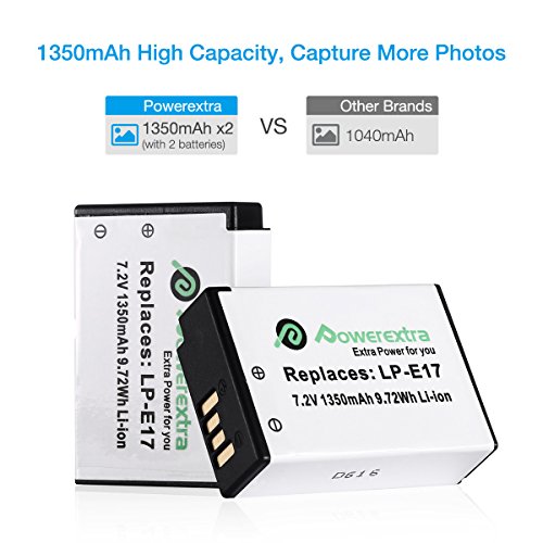 Powerextra Batería de Repuesto LP-E17 1350mAh con Cargador Pantalla LCD para Canon LP E17 Canon EOS Rebel T6i Rebel T6 Rebel T7i 750D 760D 8000D Kiss X8i 800D 77D 200D EOS SL2 EOS M3 EOS M6 EOS M5