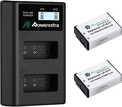 Powerextra Batería de Repuesto LP-E17 1350mAh con Cargador Pantalla LCD para Canon LP E17 Canon EOS Rebel T6i Rebel T6 Rebel T7i 750D 760D 8000D Kiss X8i 800D 77D 200D EOS SL2 EOS M3 EOS M6 EOS M5