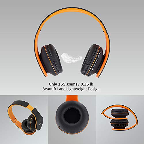 PowerLocus P1 - Auriculares Bluetooth inalambricos de Diadema Cascos Plegables, Casco Bluetooth con Sonido Estéreo con Conexión a Bluetooth Inalámbrico y Cable para Movil, PC, Tablet - Naranja