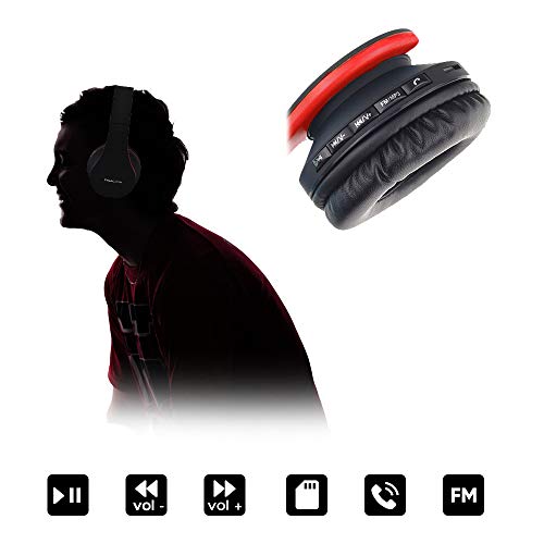 PowerLocus P1 – Auriculares Bluetooth inalambricos de Diadema Cascos Plegables, Casco Bluetooth con Sonido Estéreo con Conexión a Bluetooth Inalámbrico y Cable para Movil, PC, Tablet - Negro/Rojo