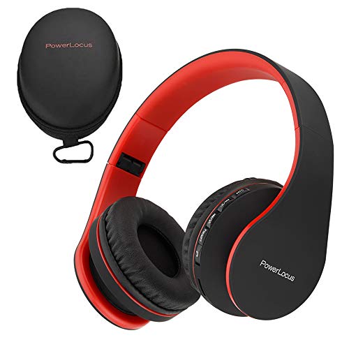 PowerLocus P1 – Auriculares Bluetooth inalambricos de Diadema Cascos Plegables, Casco Bluetooth con Sonido Estéreo con Conexión a Bluetooth Inalámbrico y Cable para Movil, PC, Tablet - Negro/Rojo